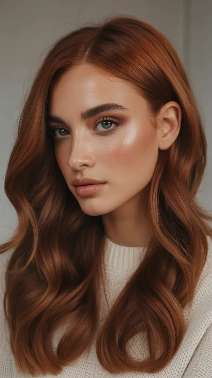 winter hair colors auburn Warm Auburn with Glossy Waves