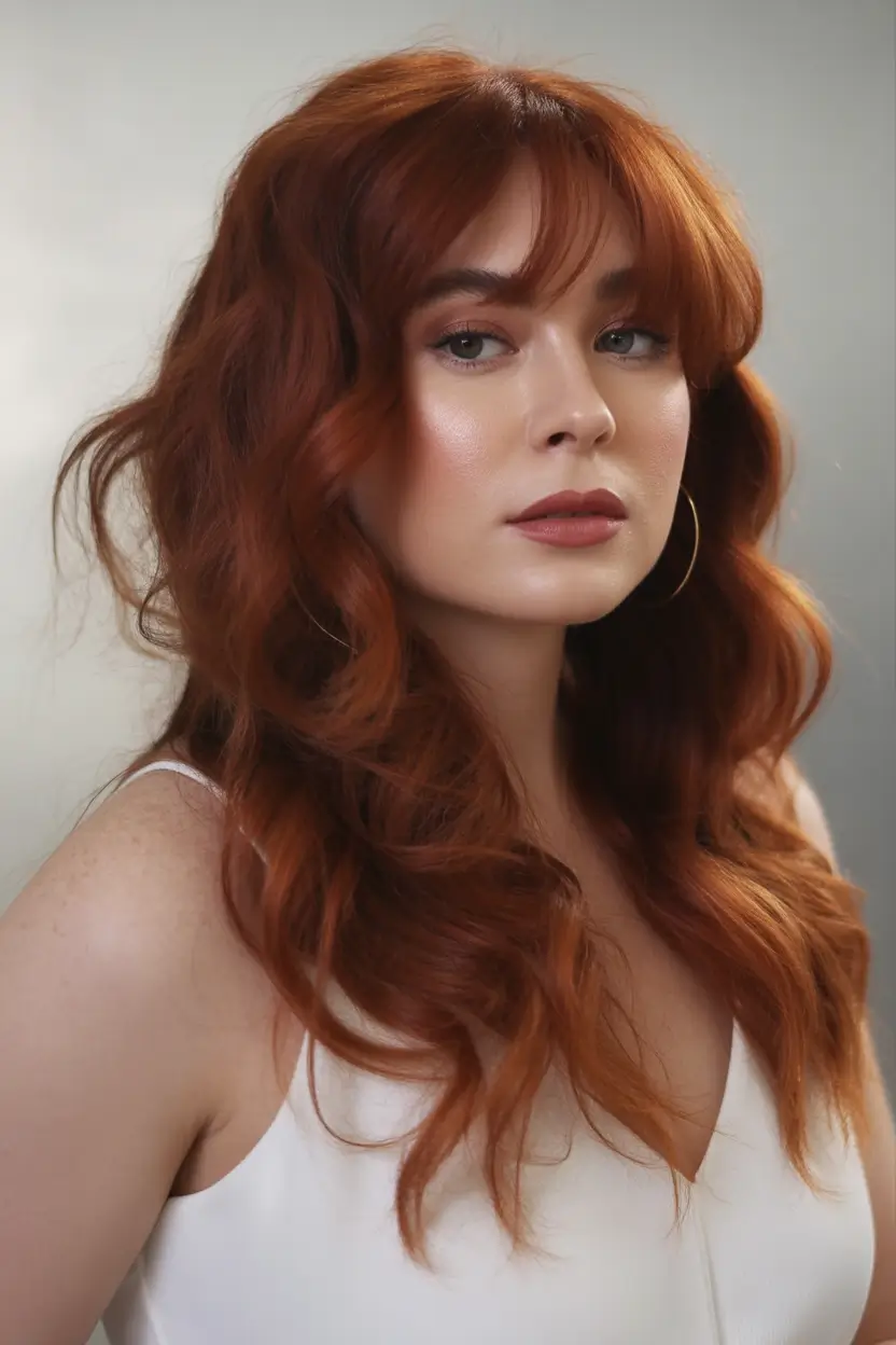 winter hair colors auburn Red Auburn with Face-Framing Fringe