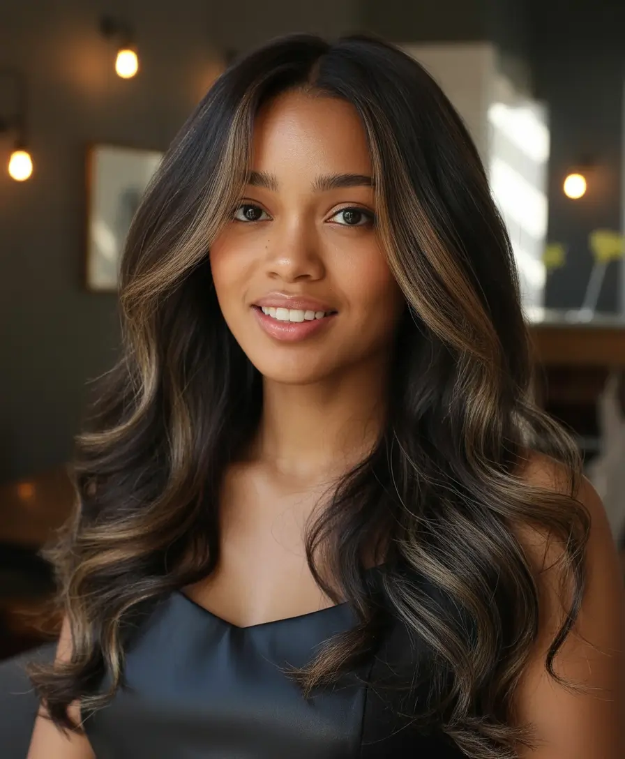 winter hair colors for black women Soft Brunette Balayage with Money Piece Highlights
