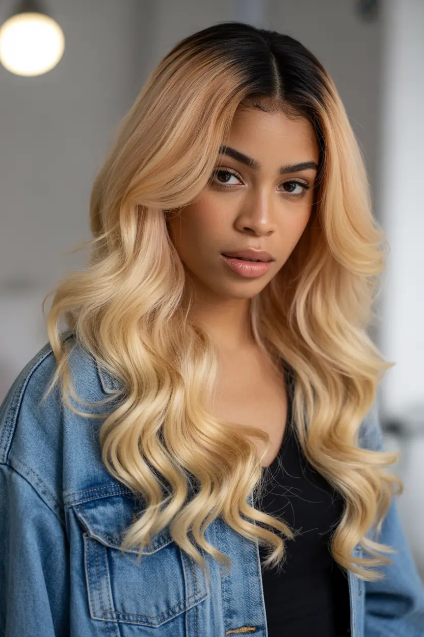 winter hair colors for black women Rooted Blonde Waves with Lived-In Elegance