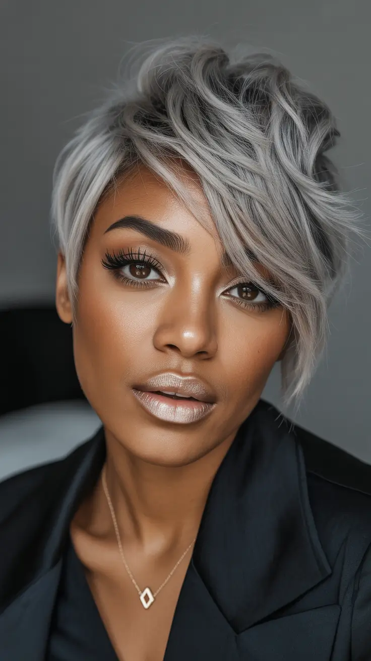 winter hair colors for black women Silver Pixie with Futuristic Glam