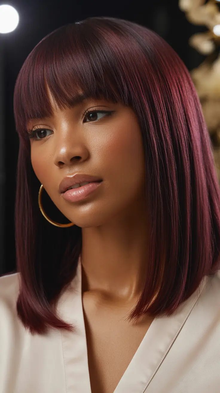 winter hair colors for black women Velvet Plum Bob With Full Bangs