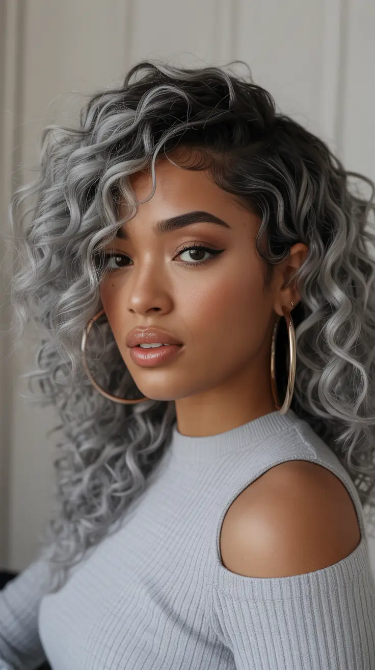 winter hair colors for black women Smoky Silver Curls With Frosted Dimension