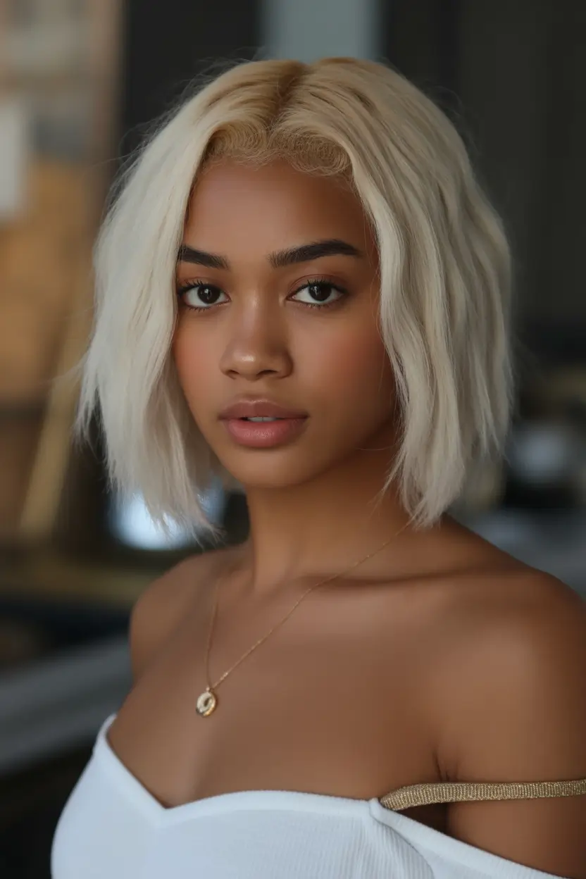 winter hair colors for black women Cool Blonde Bob With Effortless Texture