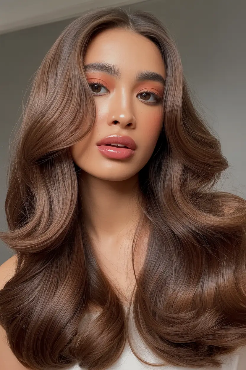 winter haircuts and colors 2025–2026 trends Glossy Chestnut Volume