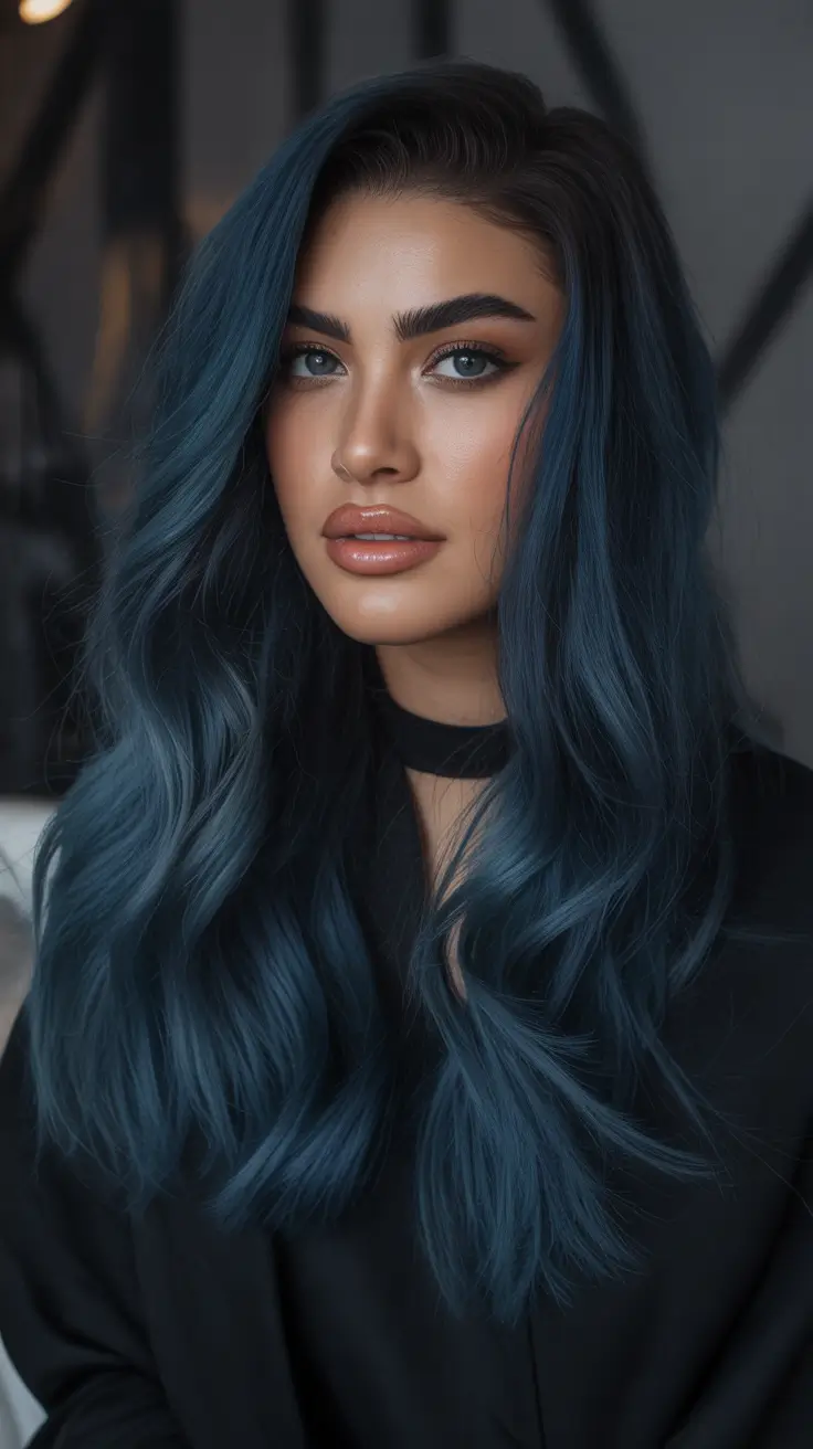 winter haircuts and colors 2025–2026 trends Midnight Blue Waves