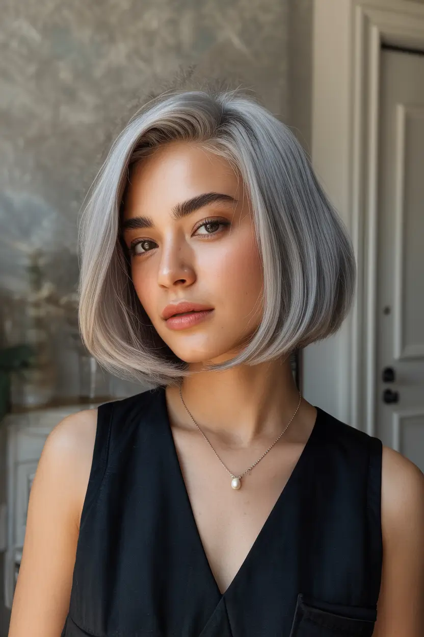 winter haircuts and colors 2025–2026 trends Cool Silver Precision Bob