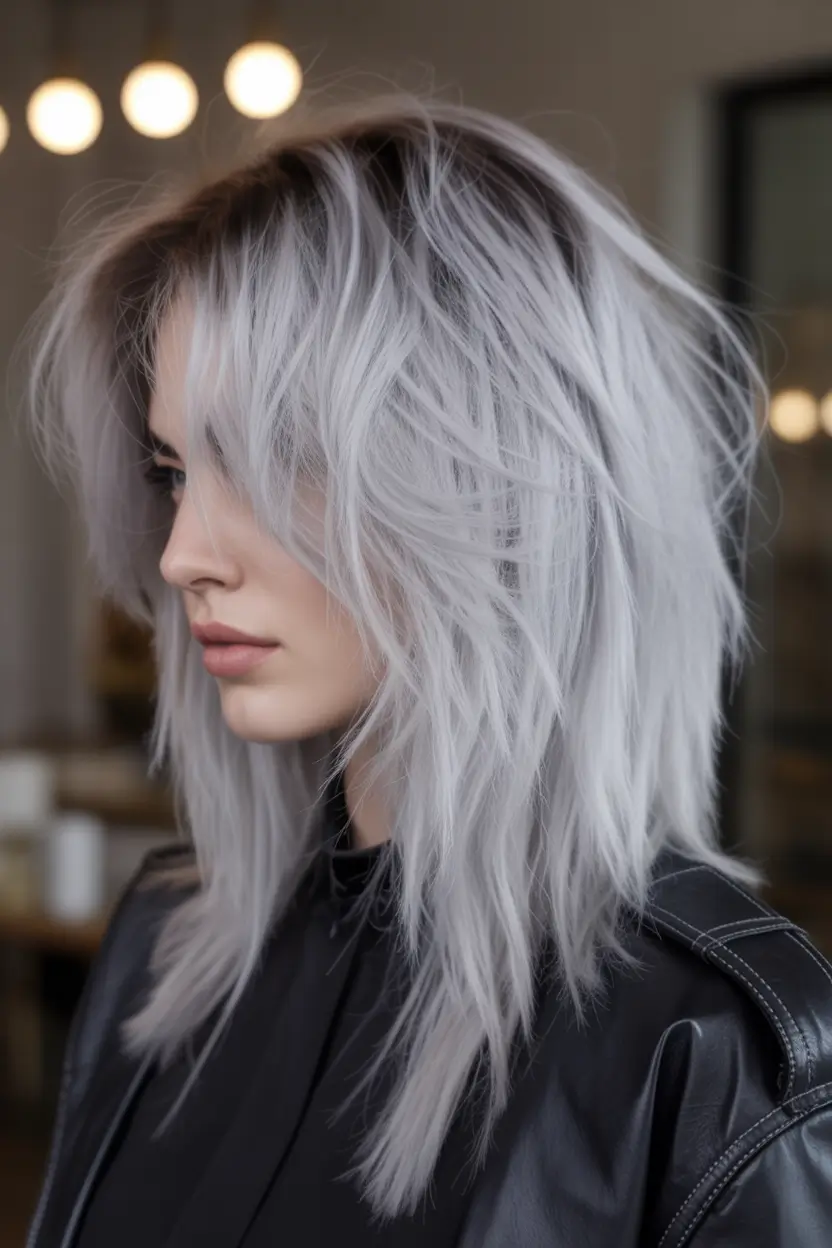 winter haircuts and colors 2025–2026 trends Frosted Silver Shag Layers
