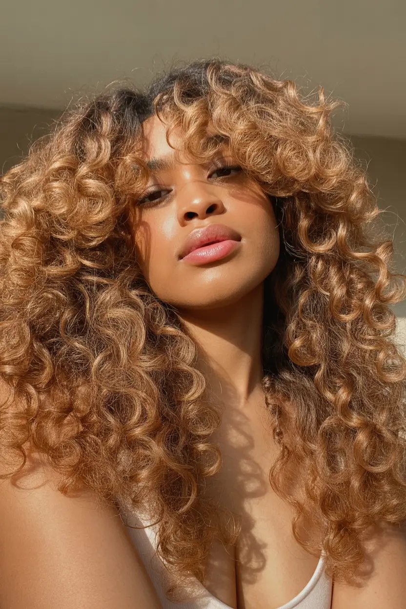 winter haircuts and colors 2025–2026 trends Golden Caramel Curls