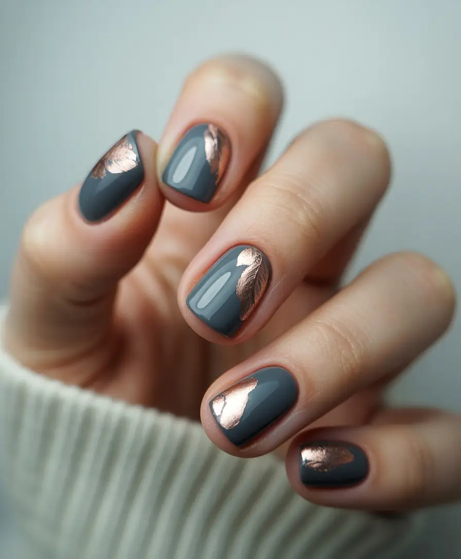 winter nails easy design and color 2025 2026 Smoky Gray with Copper Leaf