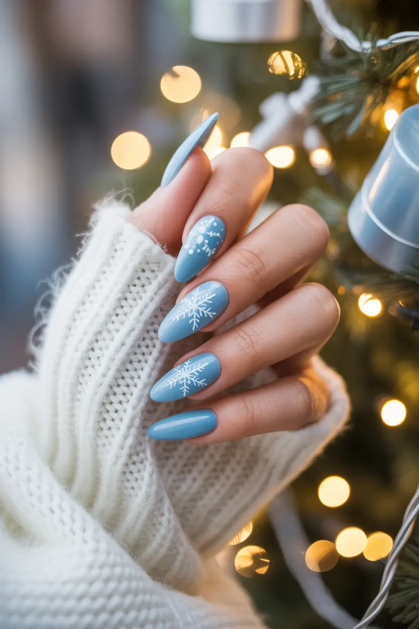 winter nails easy design and color 2025 2026 Frosty Blue Snowflake Design