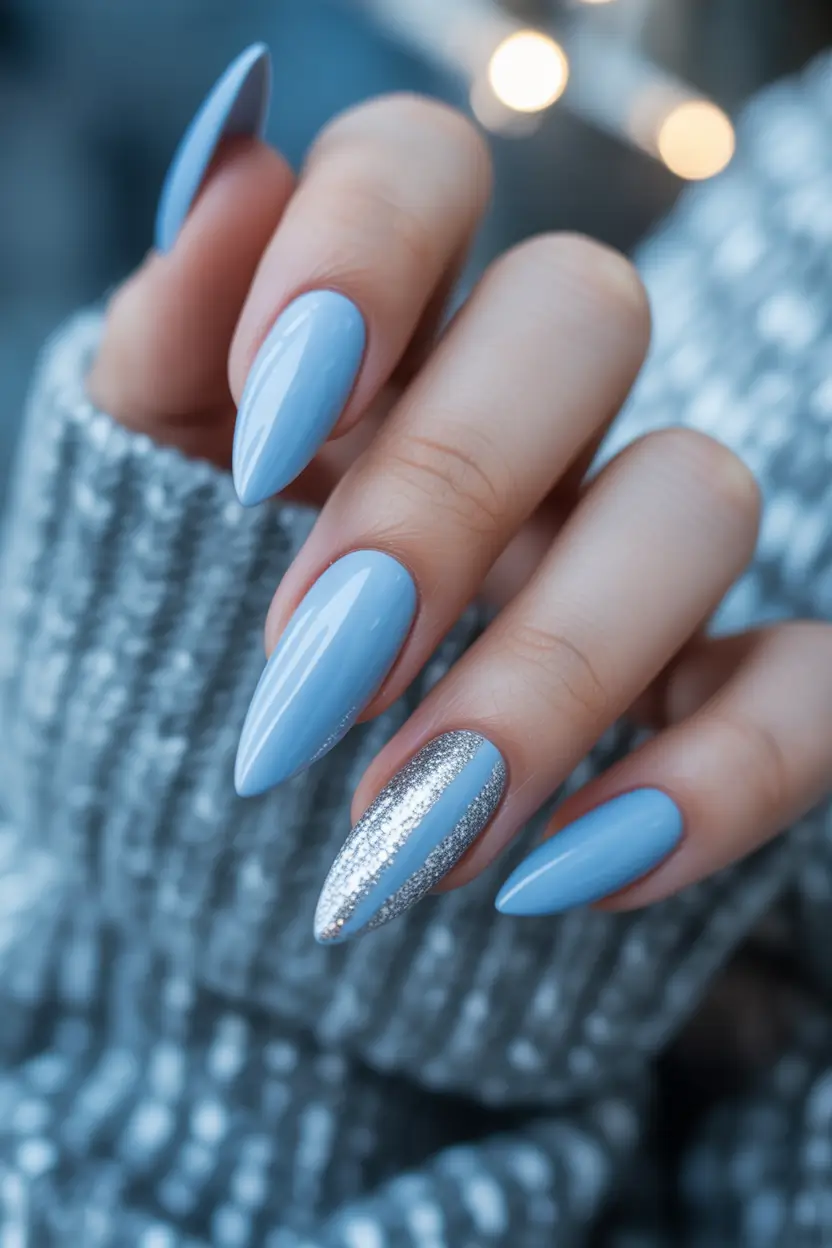 winter nails easy design and color 2025 2026 Ice Blue Glam with Silver Accent