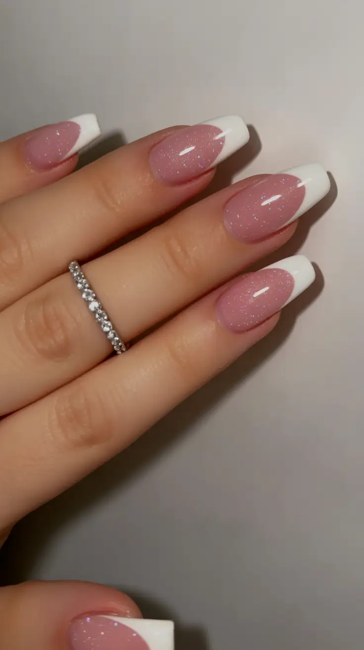 winter nails easy design and color 2025 2026 Pink Sparkle French Revival
