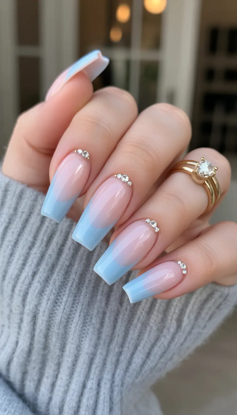 winter nails easy design and color 2025 2026 Frost Ombre with Diamond Details