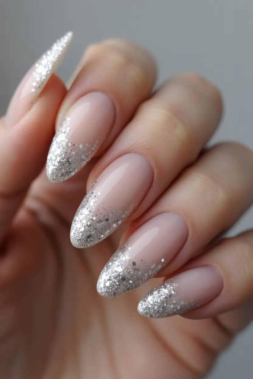 winter nails easy design and color 2025 2026 Silver Frost French Gradient