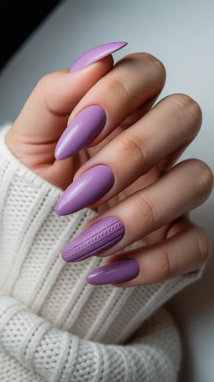 winter nails easy design and color 2025 2026 Lavender Knit Texture Nails