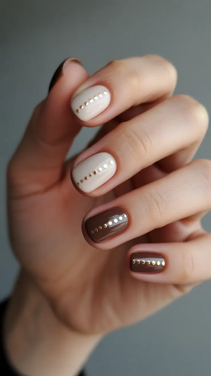 winter nails easy design and color 2025 2026 Mocha and Cream with Golden Dots
