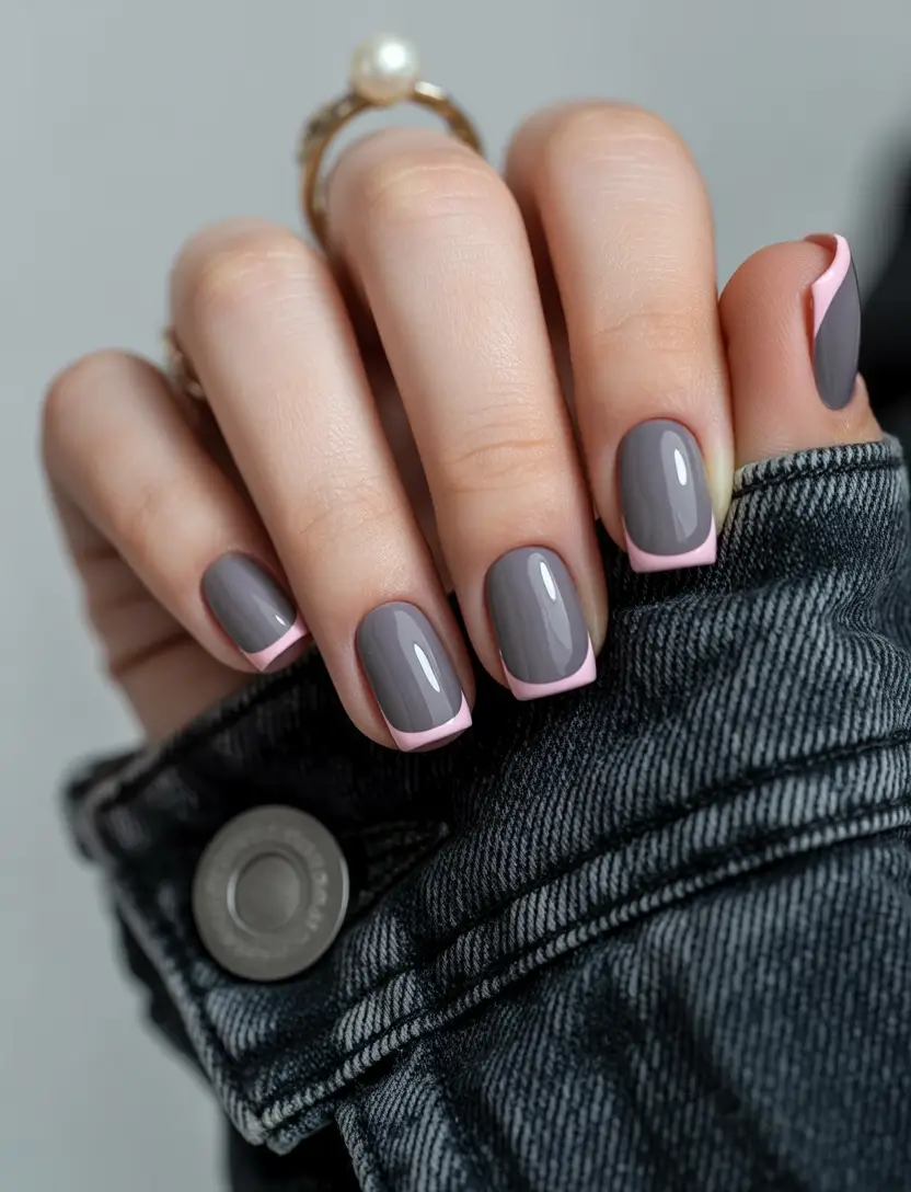 winter nails easy design and color 2025 2026 Gray and Pink Soft French