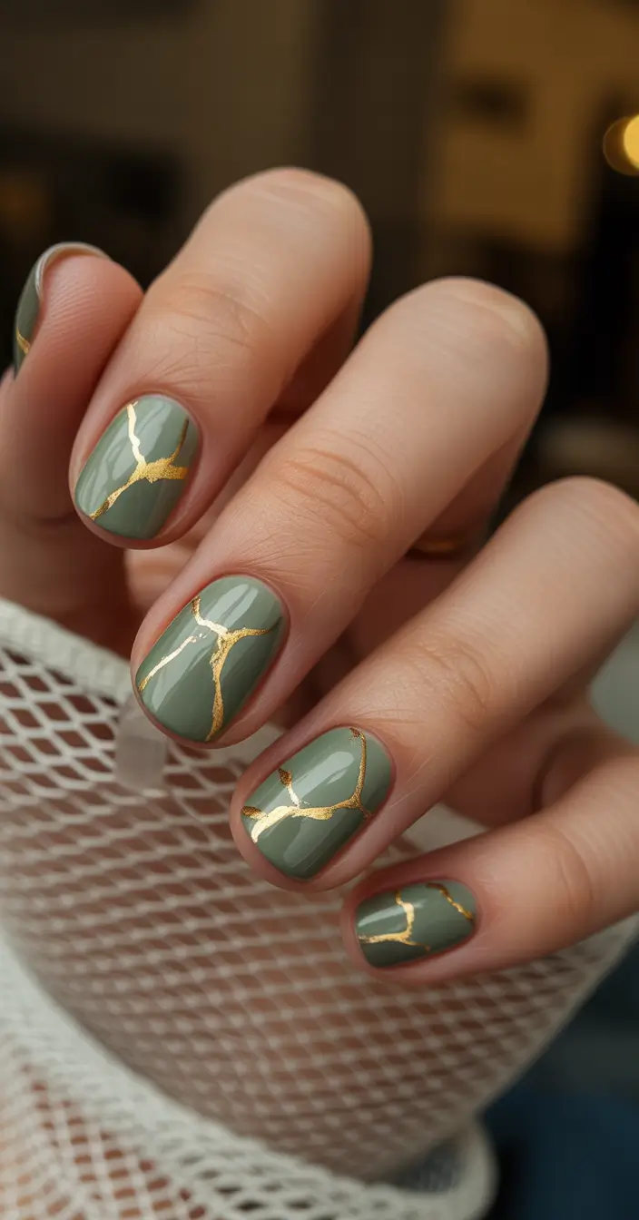 winter nails easy design and color 2025 2026 Moss Green with Gold Veins