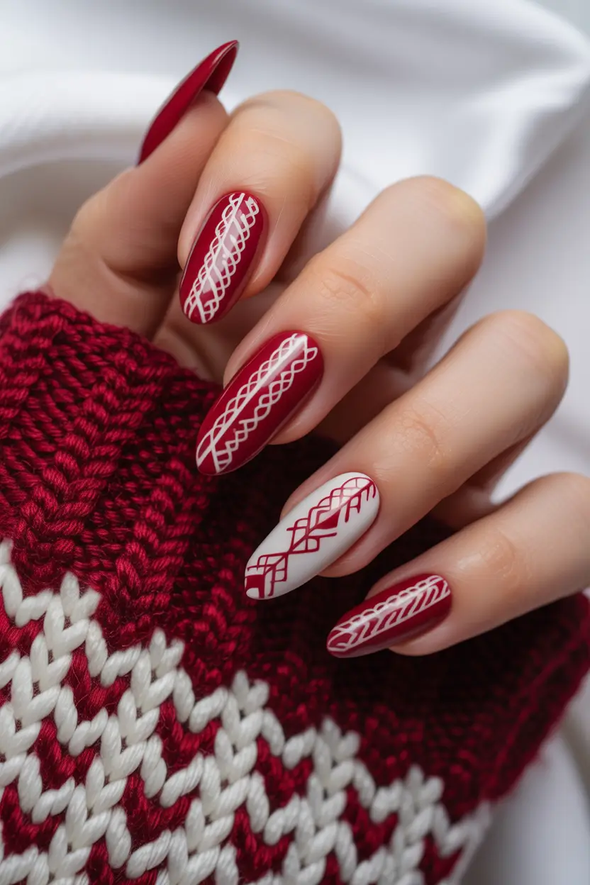 winter nails easy design and color 2025 2026 Nordic Sweater Red