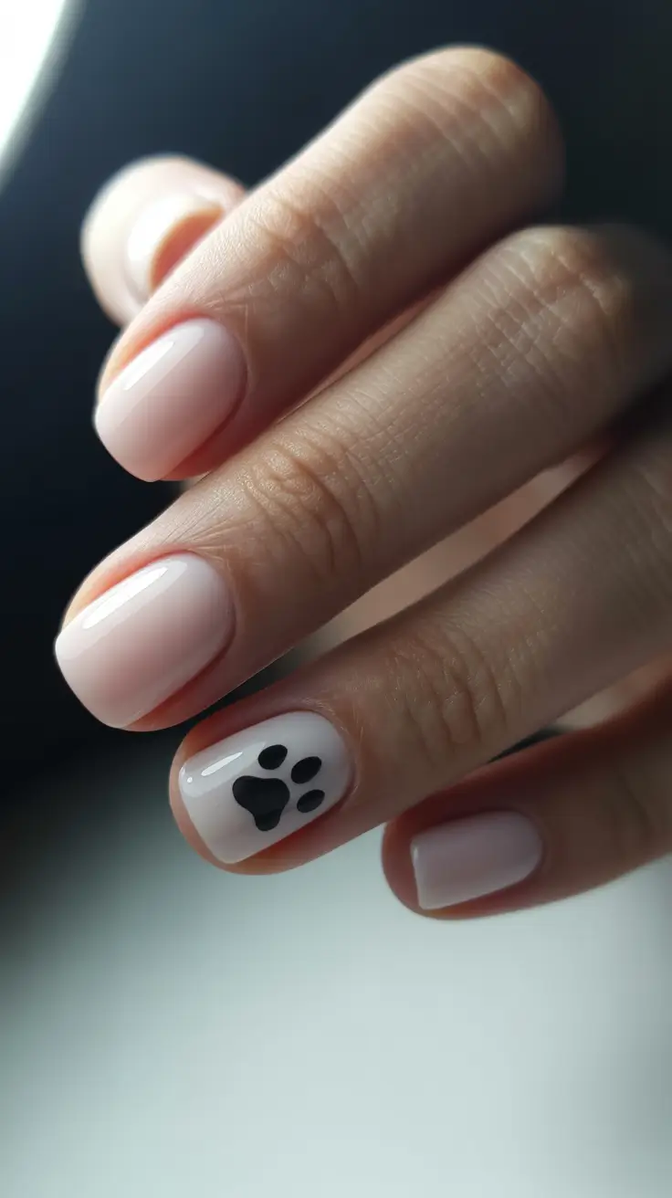 winter nails easy design and color 2025 2026 Soft Pink with Paw Print
