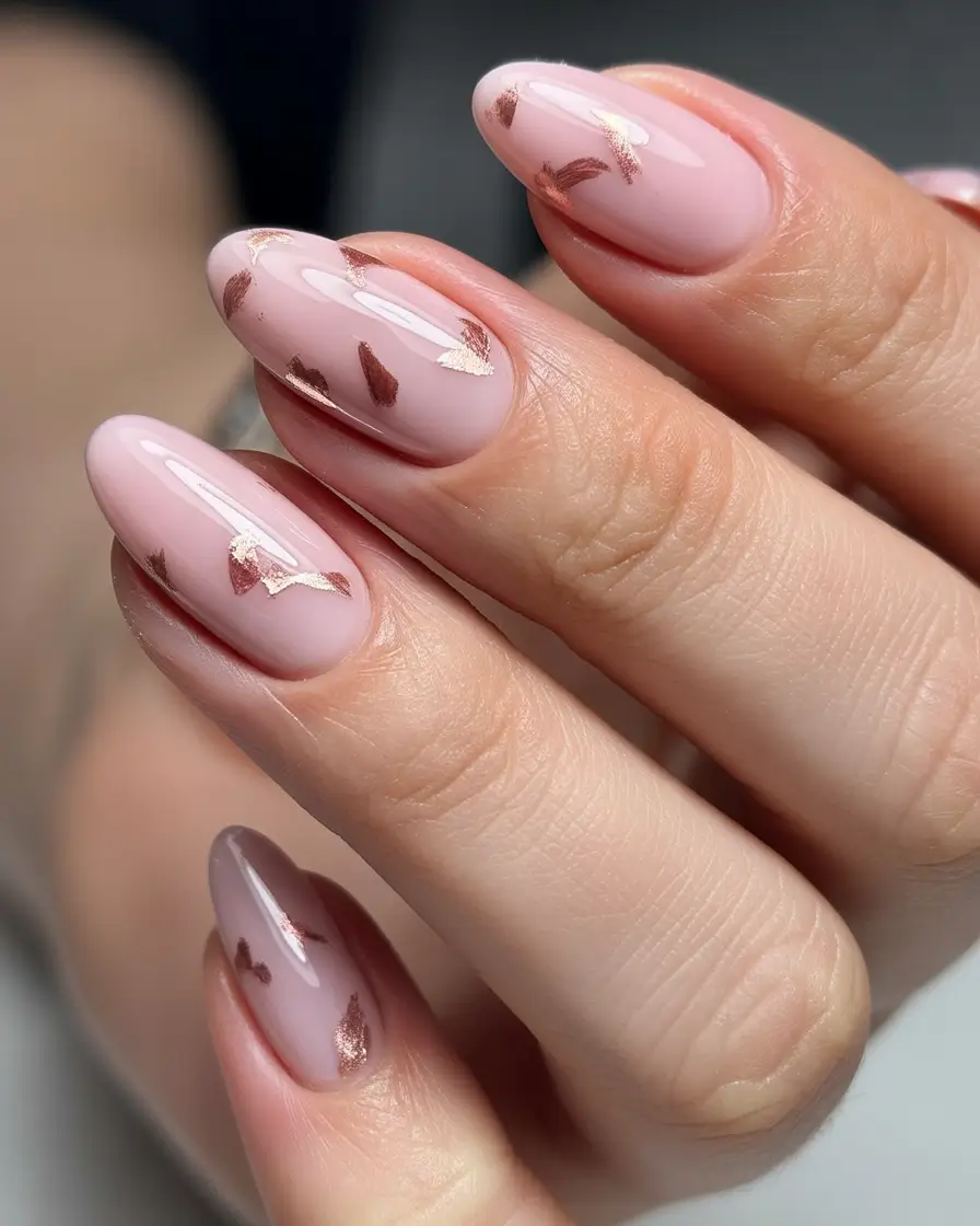 winter nails easy design and color 2025 2026 Blush Tones with Foil Accents