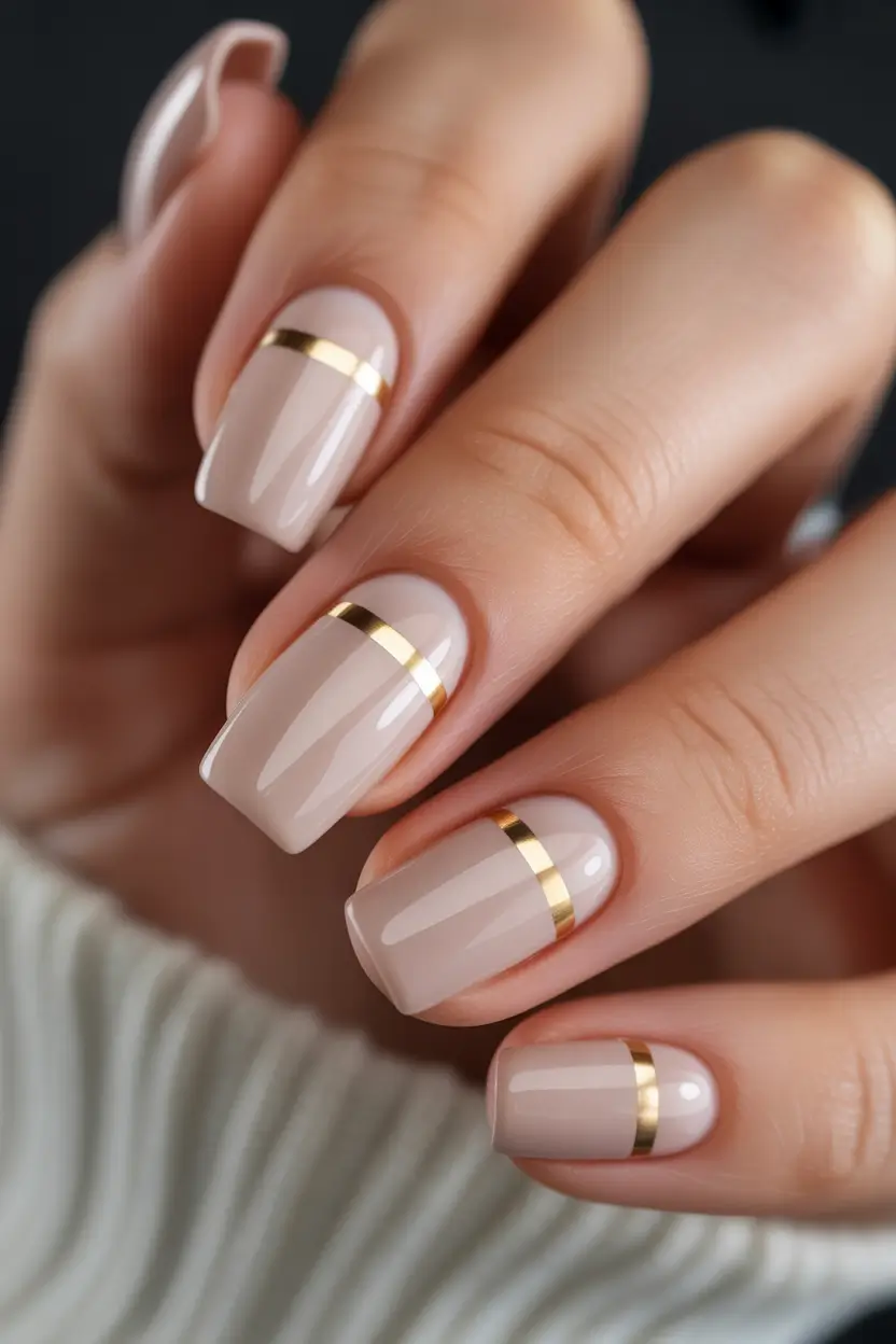 winter nails easy design and color 2025 2026 Beige Minimalism with Golden Lines