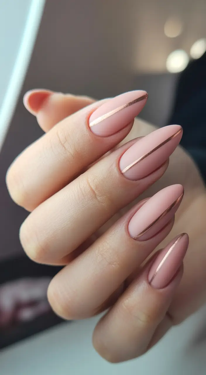 winter nails easy design and color 2025 2026 Rose Nude with Metallic Line