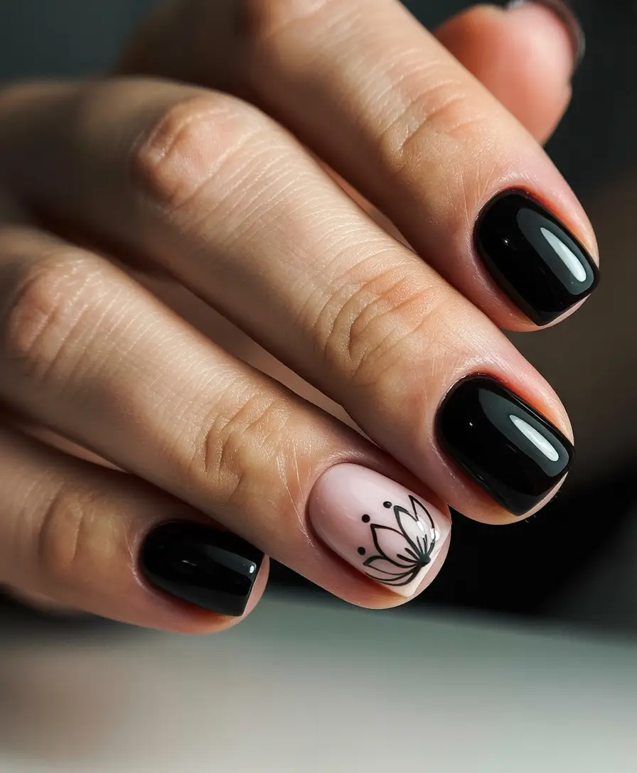 winter nails easy design and color 2025 2026 Black Elegance with Floral Accent