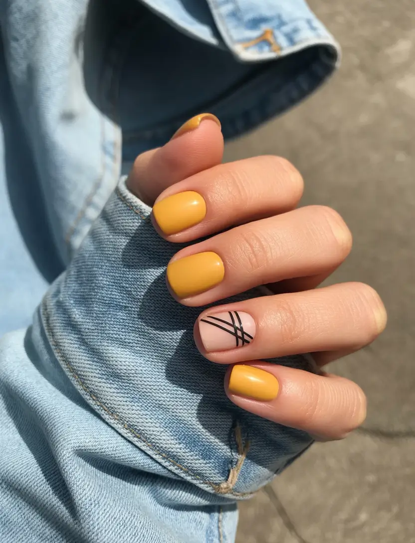 winter nails easy design and color 2025 2026 Golden Mustard with Graphic Detail