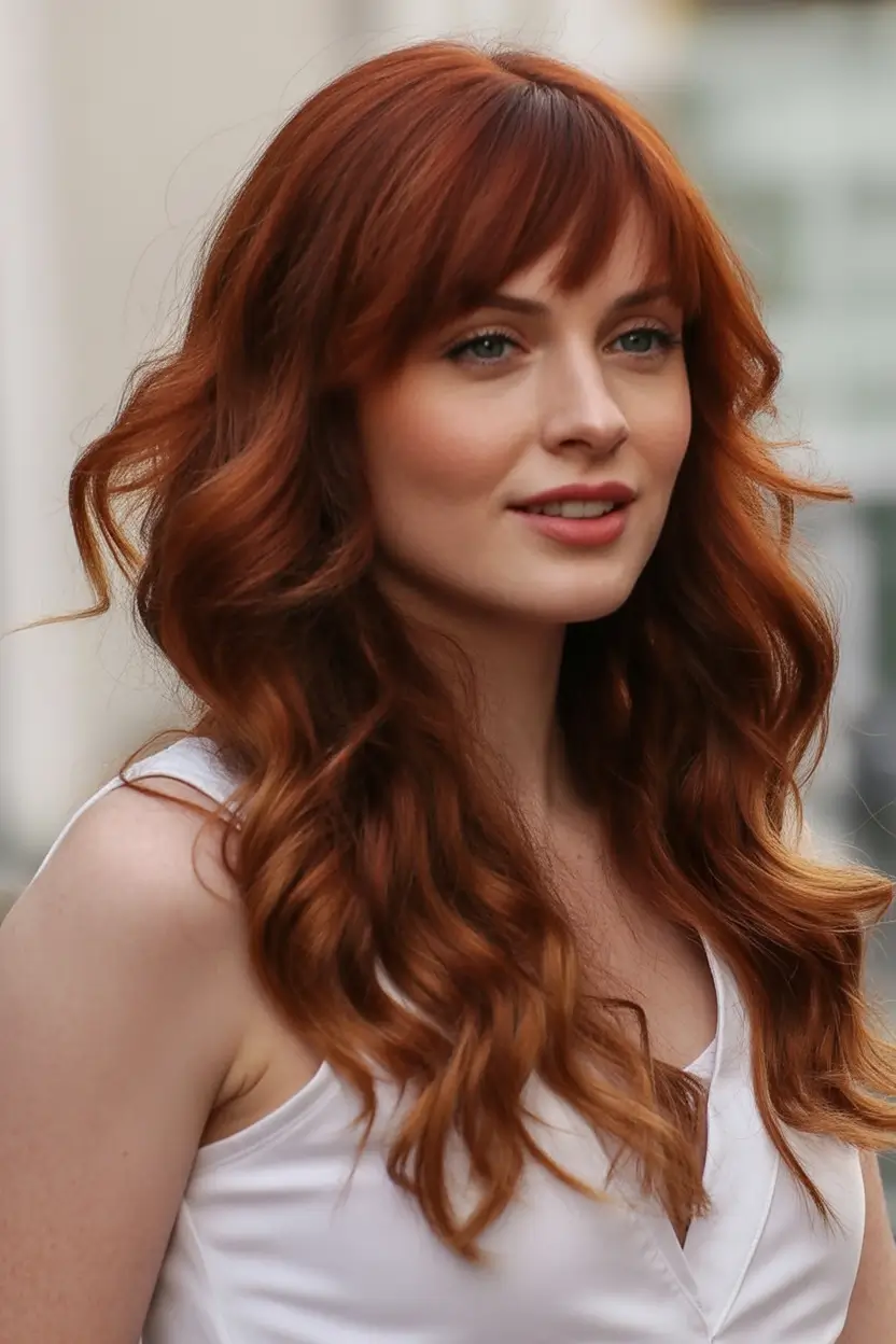 auburn hair color - Rich Cherry-Auburn Curls With Soft Fringe