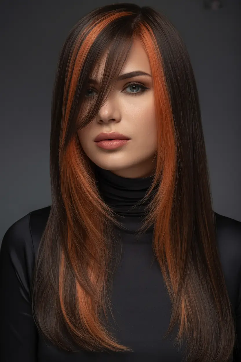 auburn hair color - Dark Brown Base With Bold Auburn Panels