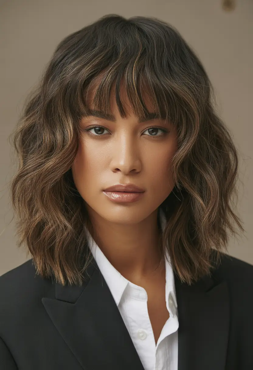 hair color for brown skin Chic Tousled Bob with Bangs