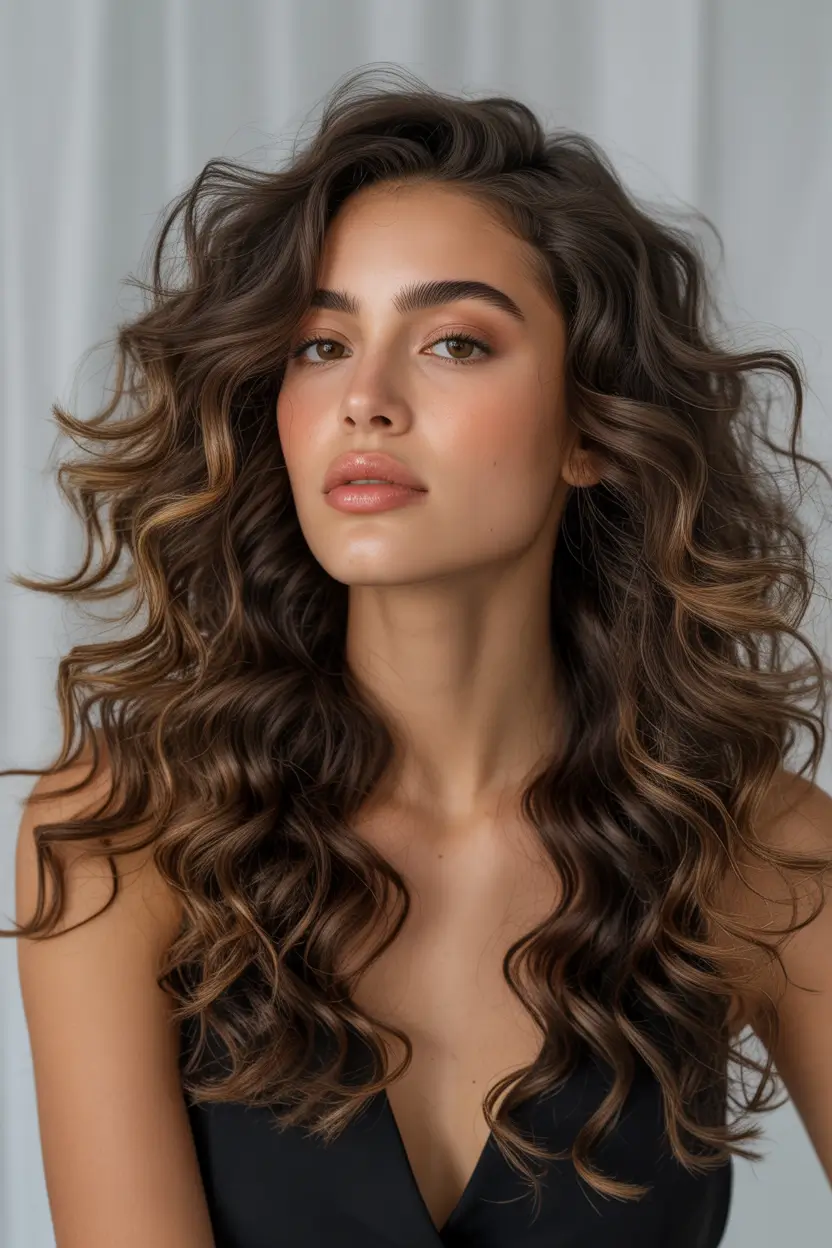 haircuts for wavy hair Voluminous Long Waves With Light Caramel Ribbons
