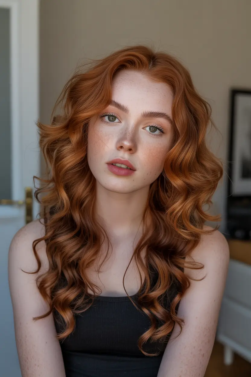 haircuts for wavy hair Copper-Toned Long Waves With Gentle S-Shaped Flow