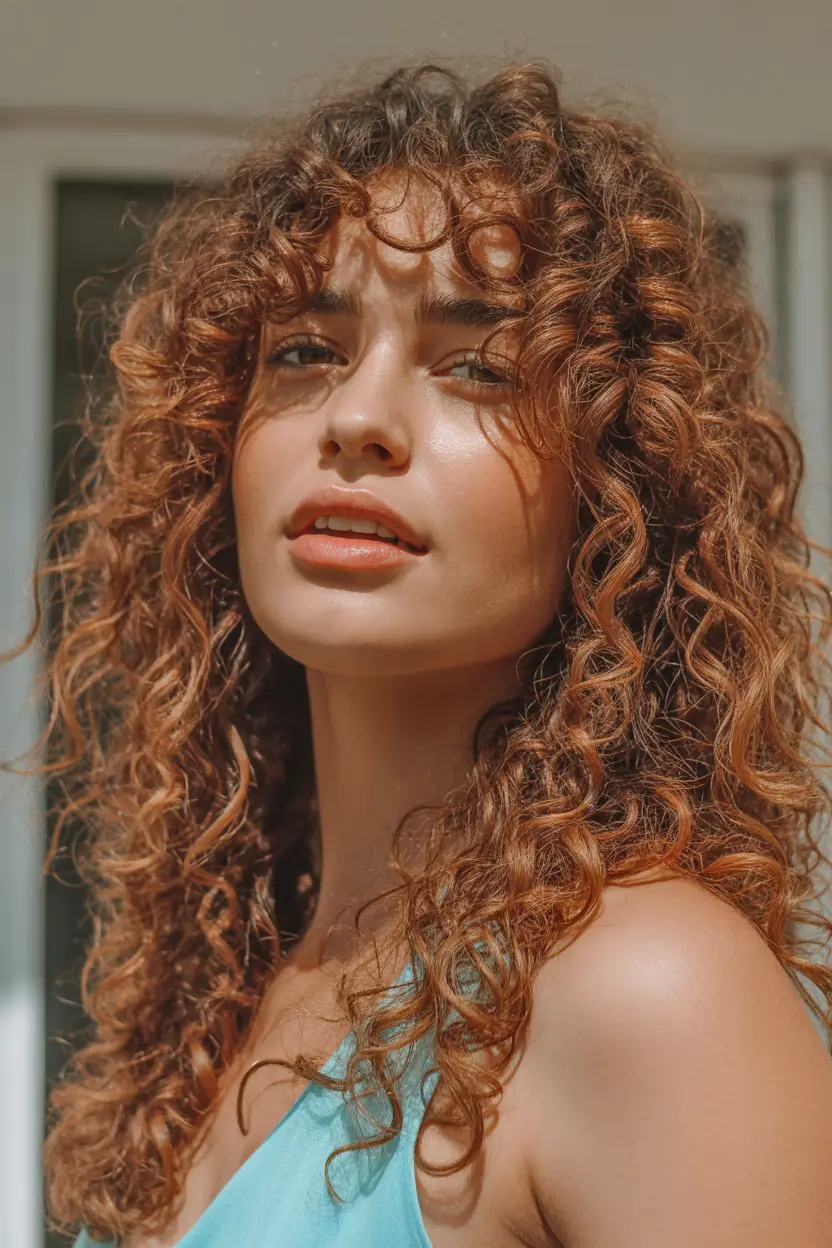 haircuts for wavy hair Sunlit Copper Waves With Bohemian Fringe