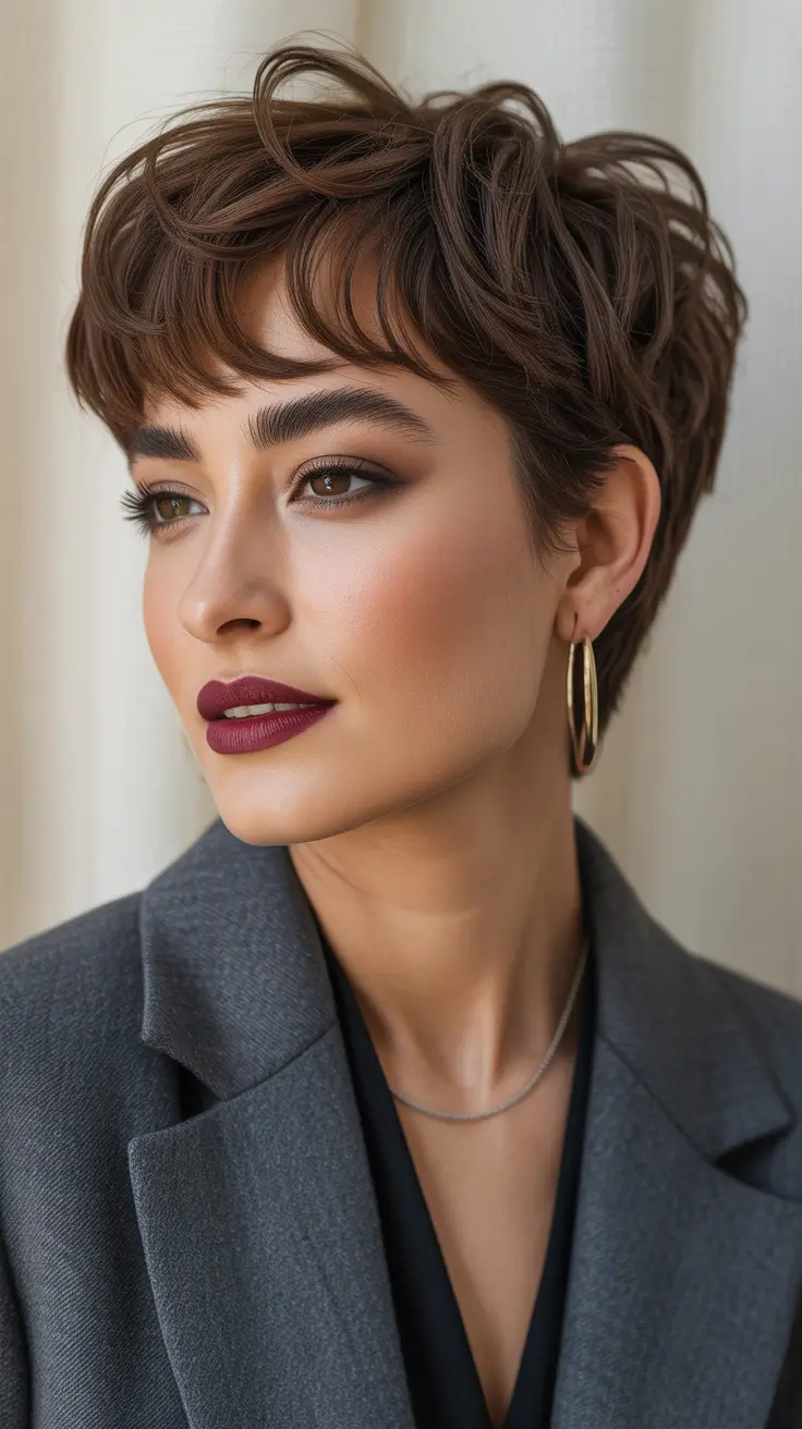 Haircuts for Women Over 40 Textured Edgy Short Brunette Pixie