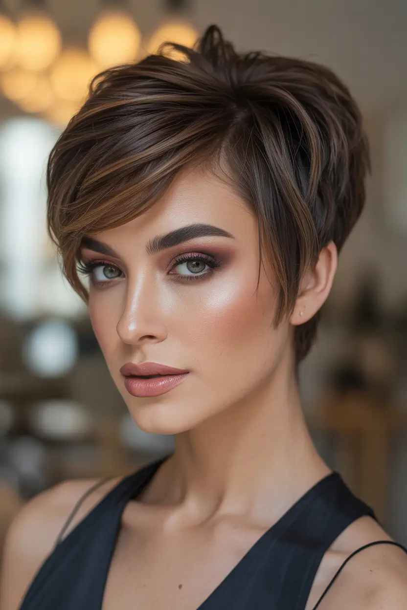 Haircuts for Women Over 40 Polished Brunette Pixie-Bob With Subtle Highlights
