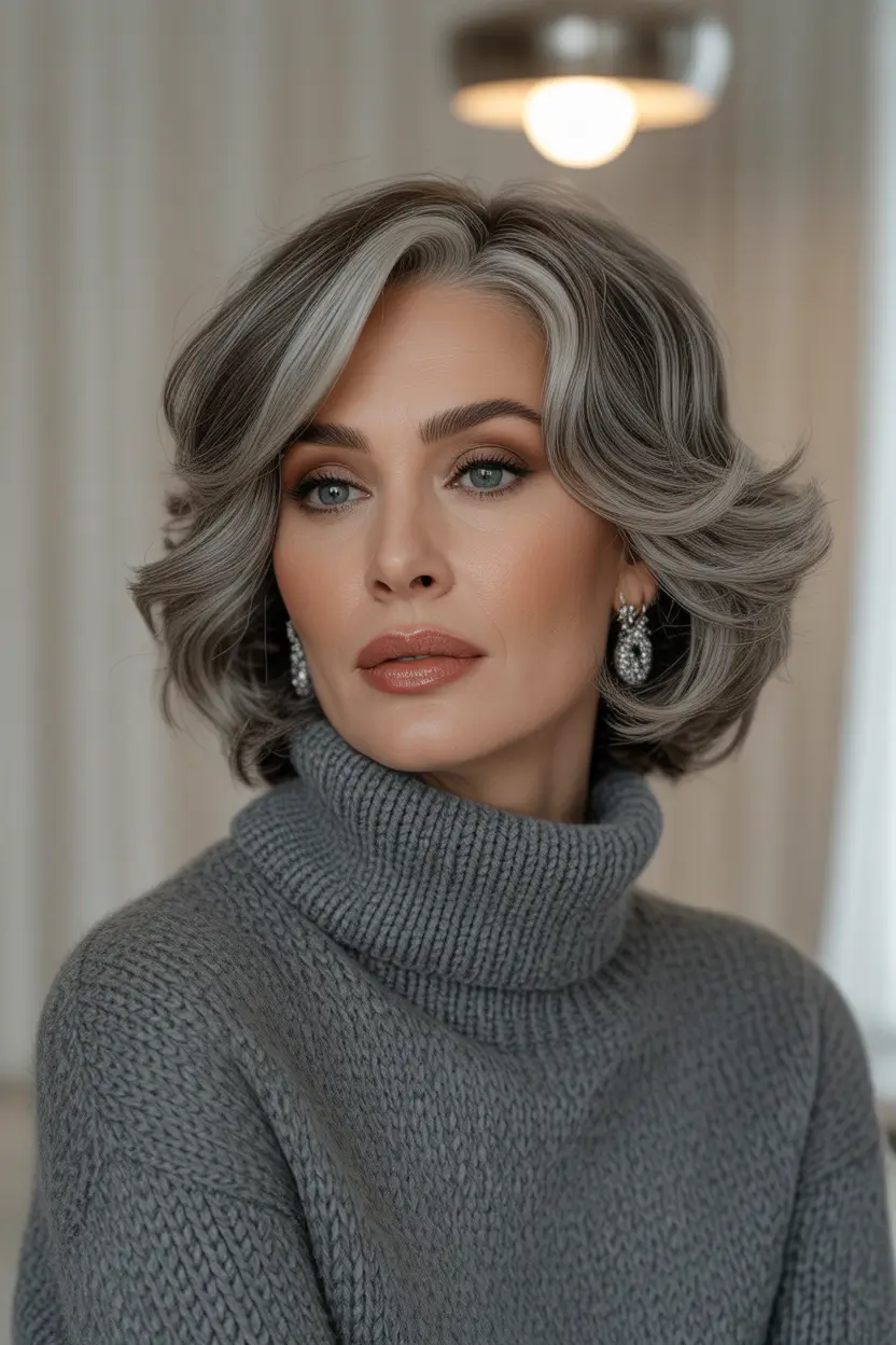 Haircuts for Women Over 40 Silver Layered Shoulder-Length Cut With Soft Flicked Ends