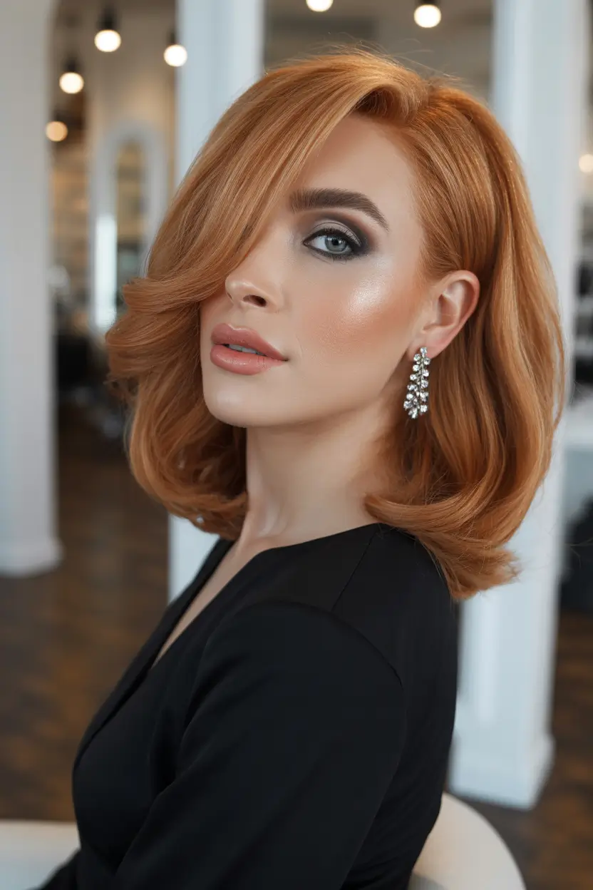 Haircuts for Women Over 40 Polished Copper Medium-Length Waves With Side Swoop