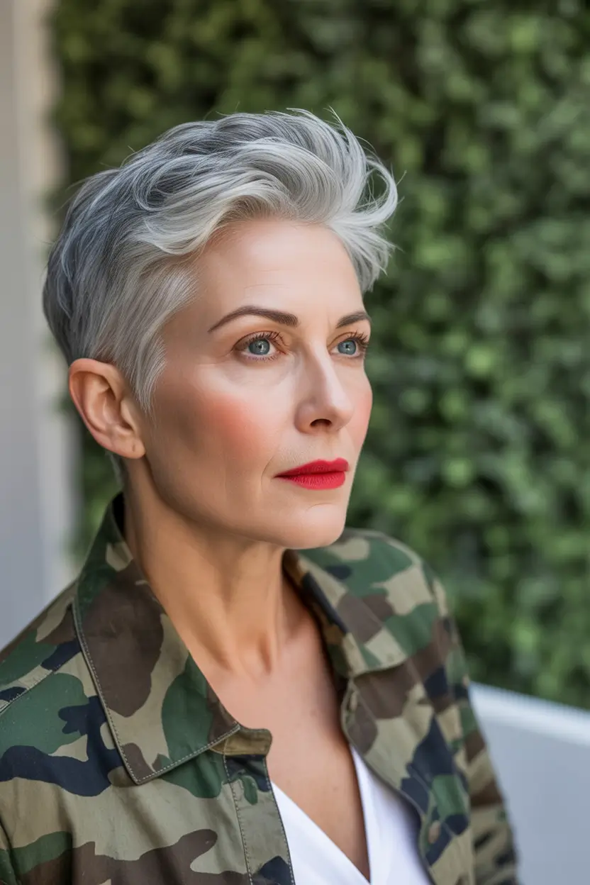 Haircuts for Women Over 40 Edgy Textured Silver Pixie With Lifted Crown