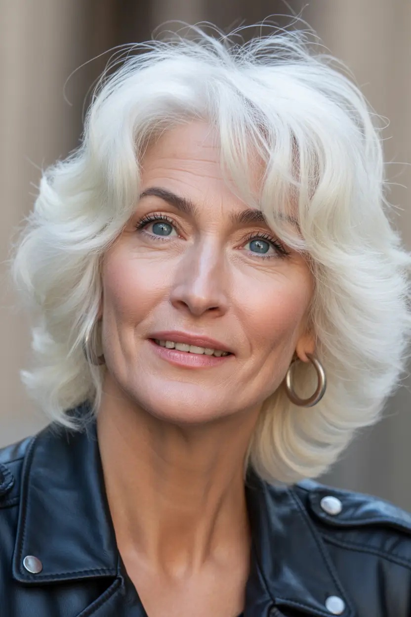 Haircuts for Women Over 50 Feathered Platinum Bob With Soft Lift
