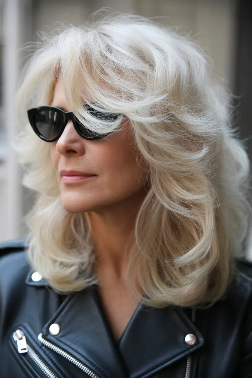 Haircuts for Women Over 50 Voluminous Blonde Layers With Side-Swept Bangs