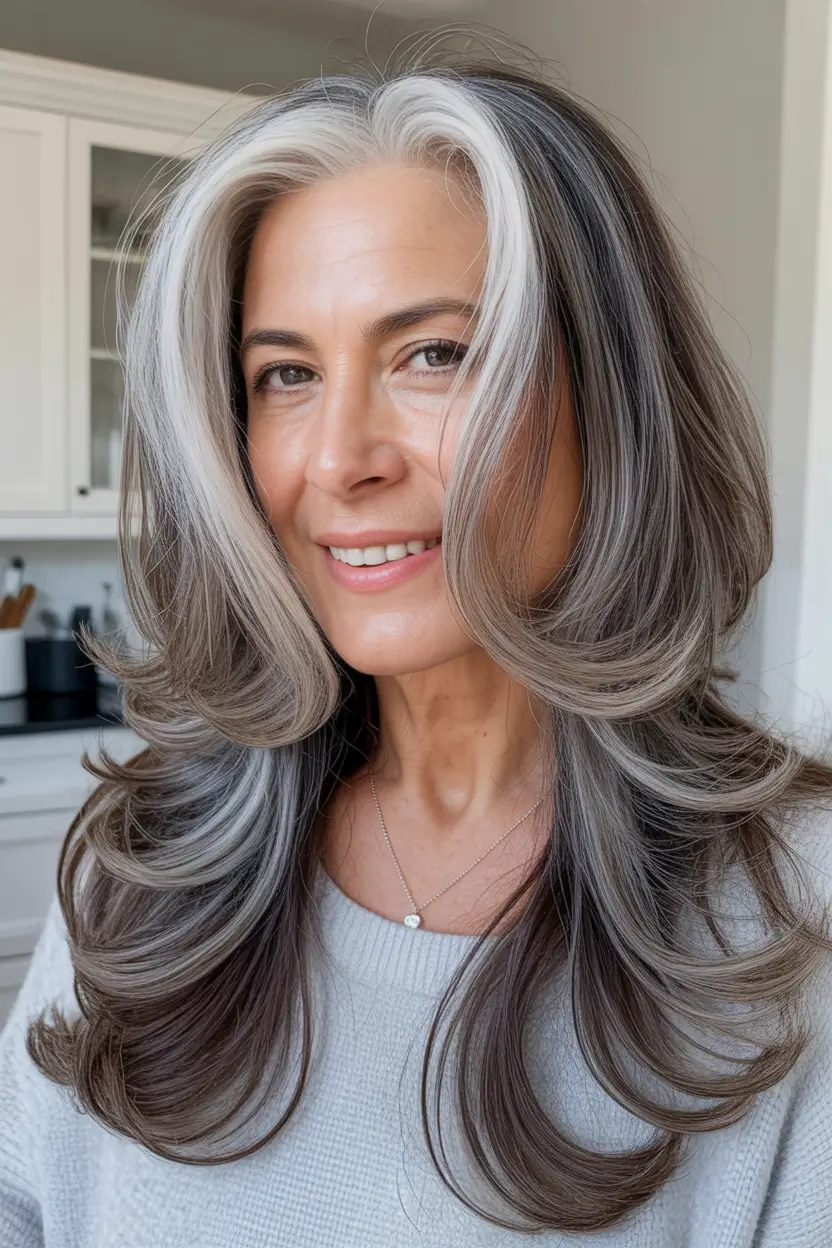 Haircuts for Women Over 50 Long Silver Contour Cut With Voluminous Ends