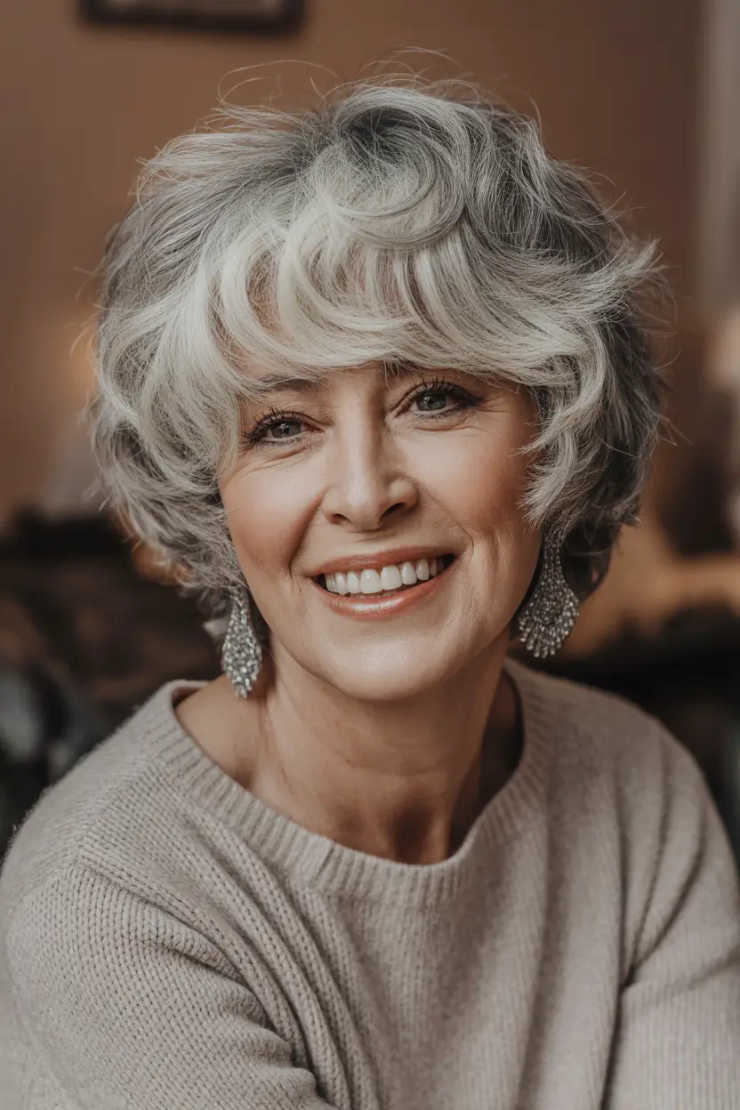Haircuts for Women Over 50 Soft Curly Crop With Light Bangs and Natural Volume