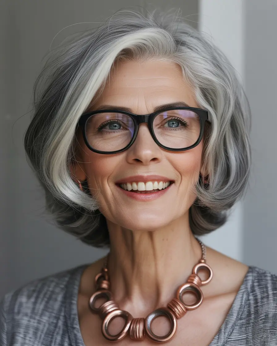 Haircuts for Women Over 50 Silver Contour Bob With Face-Framing Sweep