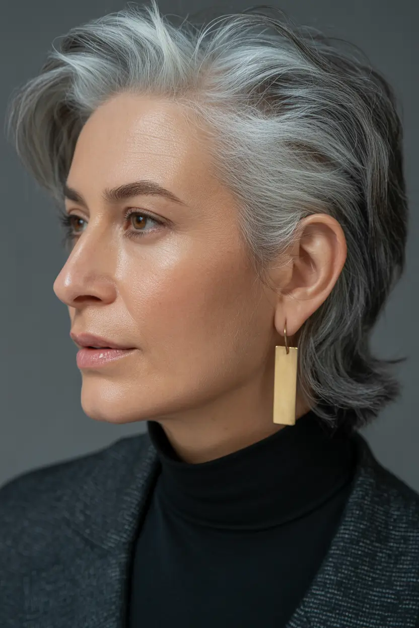 Haircuts for Women Over 50 Textured Silver Midi Cut With Sleek Contour