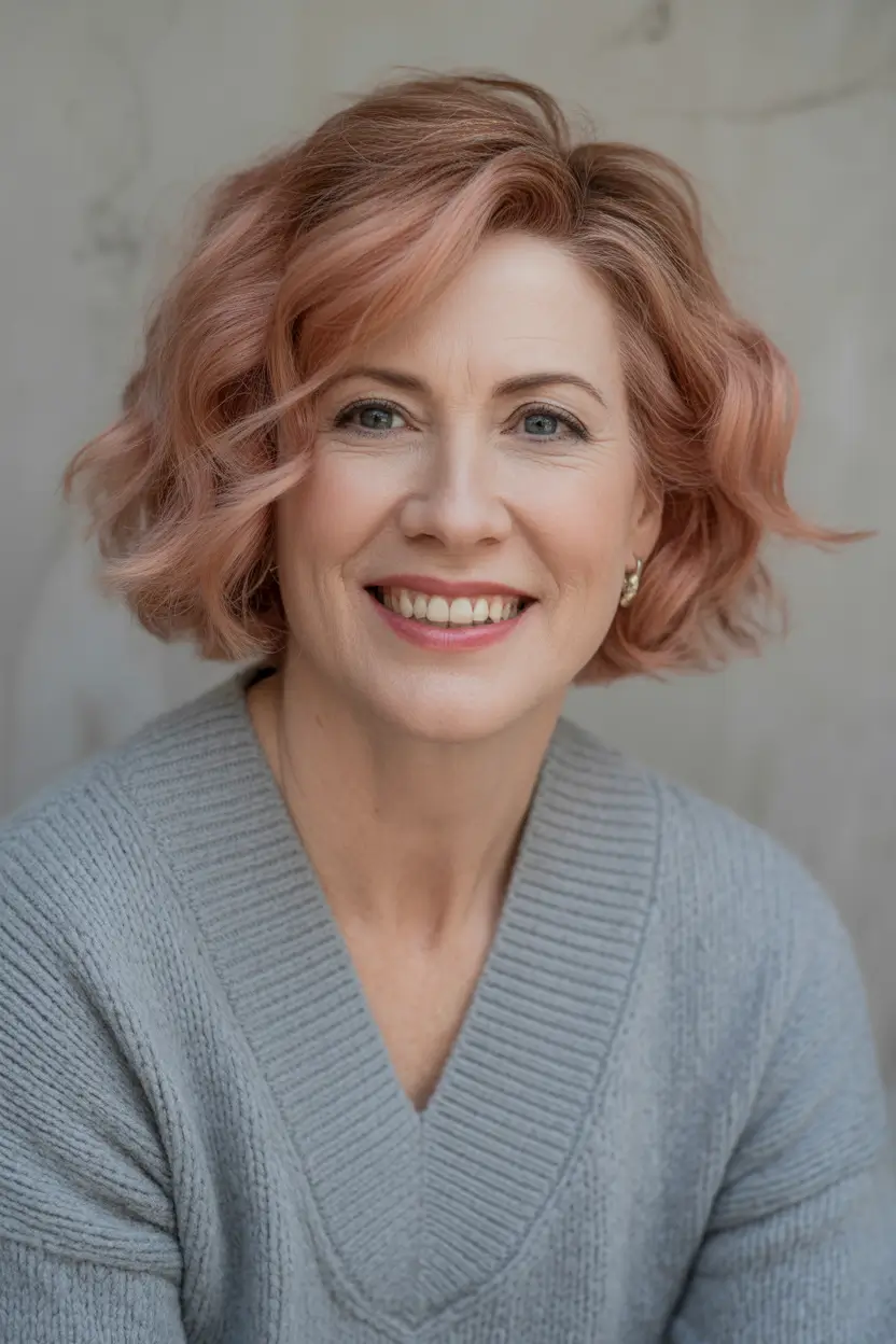 Haircuts for Women Over 50 Chin-Length Pastel Rose Waves with Modern Texture