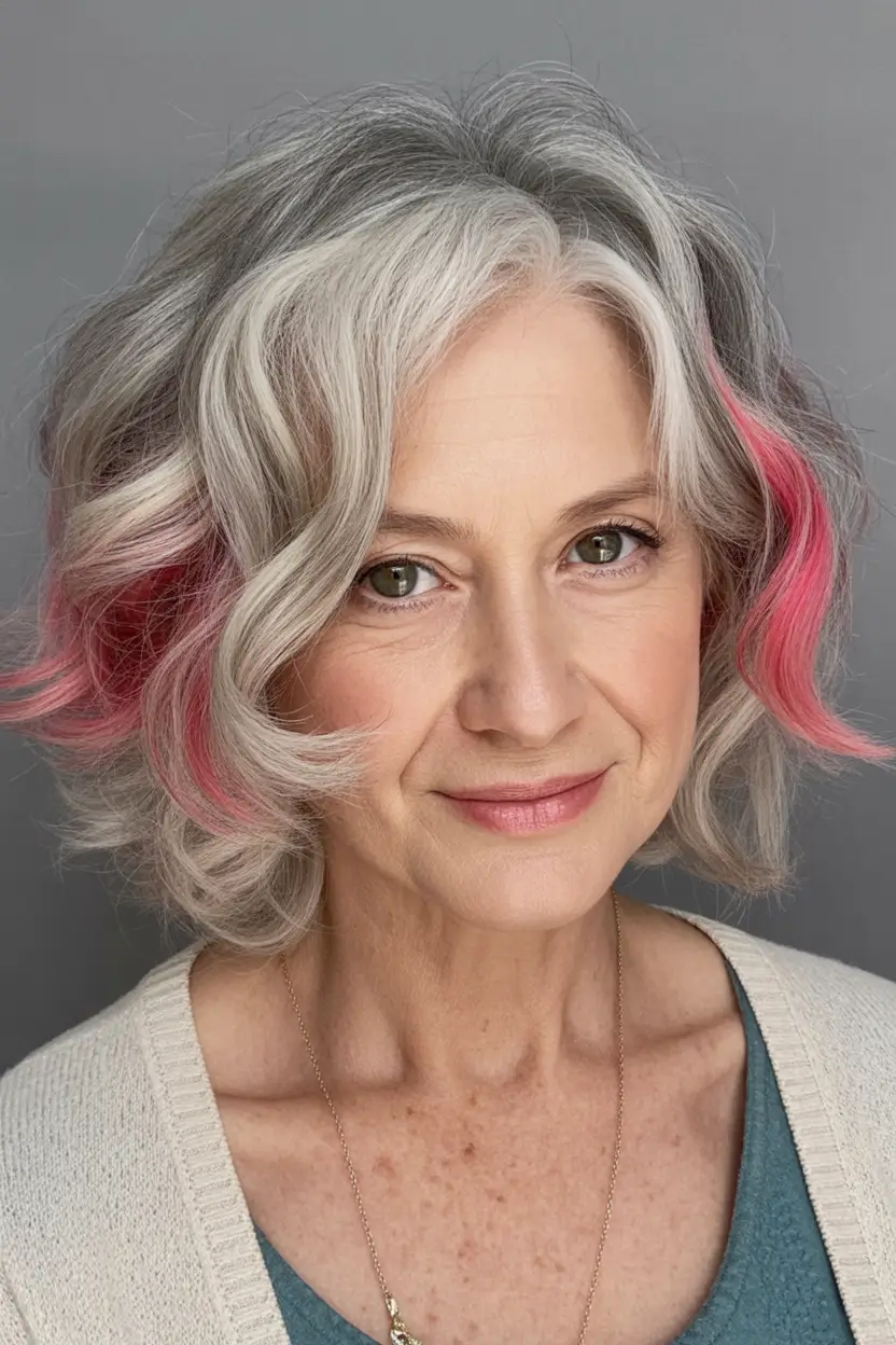 Haircuts for Women Over 50 Silver Bob With Playful Pink Peekaboo Highlights