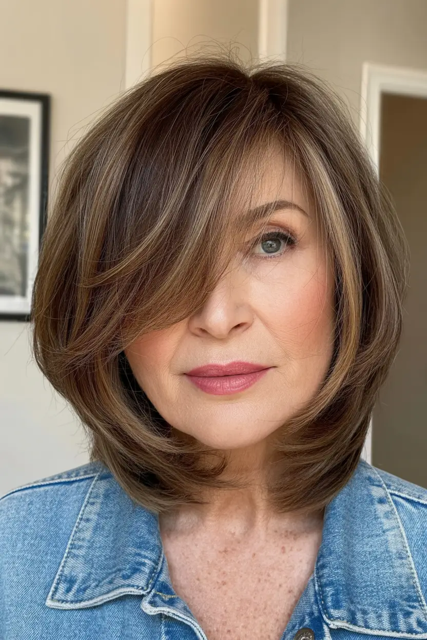 Haircuts for Women Over 50 Soft Chestnut Medium Bob With Voluminous Side Sweep